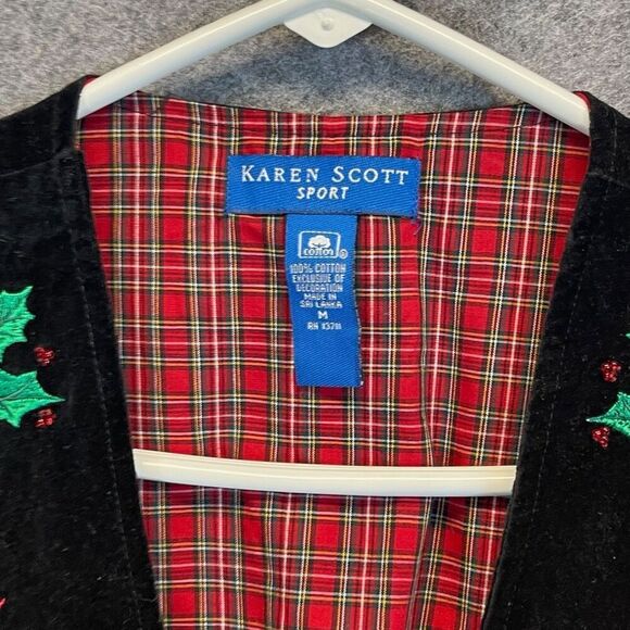 KAREN SCOTT Vest Womens Medium Black Red Poinsettia Christmas Velvet Embroidered - Picture 3 of 16